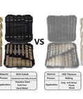 Front view: cobalt drill bit set, 99-piece, M35, in plastic index case for hardened metal and stainless steel