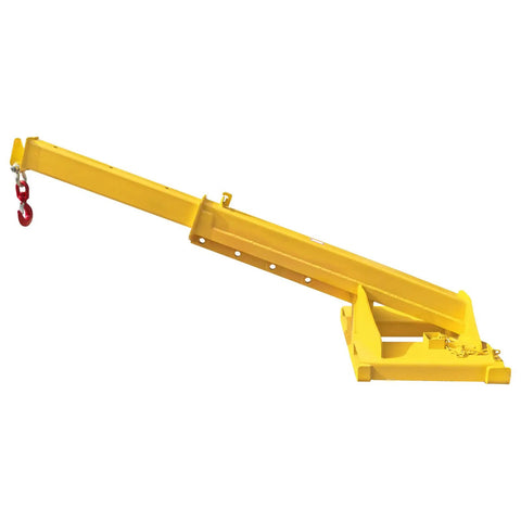 Heavy Duty Forklift Jib Boom Crane With Fully Adjustable Telescopic Arm And Pivoting Chain Hoist Hook, yellow boom with hook.
