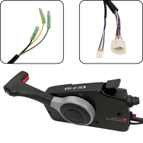 Suzuki Outboard Remote Throttle Control 67200-93J50 with wires for side-mounted control box and 4-stroke push to open function.