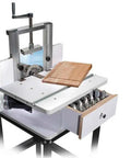 Premium Horizontal Router Table Kit With Micro Adjustable Height Control Angled Tilt Top And Mortising Base featuring a wooden board on a large router table.