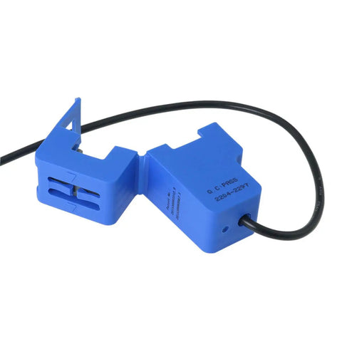 SCT-013 Blue Non Invasive AC Current Sensor With Split Core Clamp And One Meter Wire For Plug And Go Energy Measurement and Home Wiring Fixes That Pulls Through Every Time. Close-up view of blue sensor with black lead wire.