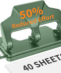 Green Heavy Duty Three Hole Punch For Binder With Large Chip Tray, 40 Sheet Capacity, Fifty Percent Less Effort Lever