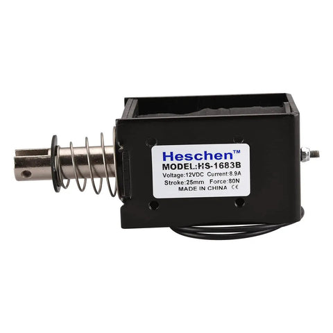 DC 12V Solenoid Electromagnet HS 1683B Push Pull Open Frame With 25mm Stroke And 80N Pull Force For Linear Motion Projects Plunger Spring Return Built Tough Copper Coil Actuator For Industrial DIY open-frame solenoid with spring plunger and label view