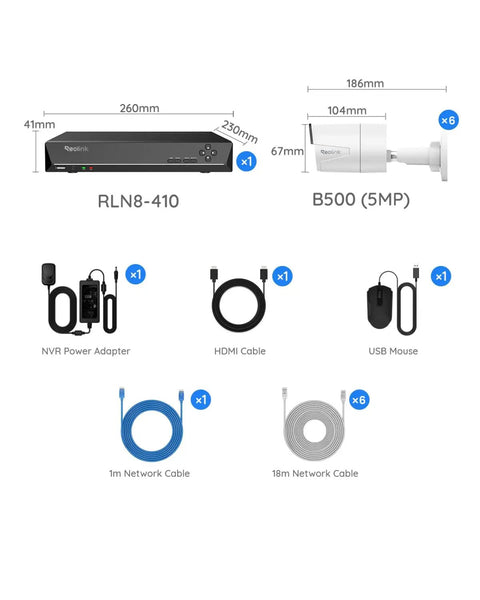 Dimensions and accessories for 8 Channel 5MP PoE Home Security System With 6 Outdoor Cams, 4K NVR and 2TB HDD, 24 7 Recording.