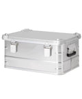 Rugged Folding Storage Box With Lid Heavy Duty Aluminum Frame Stackable Gear Crate silver color stacked open view.