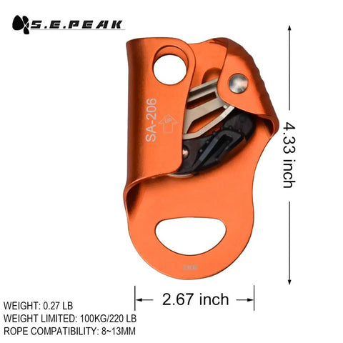 CE Safety Certified Chest Ascender For Rock Climbing And Rappelling, 100 Kg Load, 8 To 13 Mm Rope, Orange, Upgraded SUS431 Cam