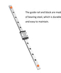 Beefy 300mm MGN9C miniature linear guide rail with single stainless steel carriage block, showing pre-drilled holes for secure installation.