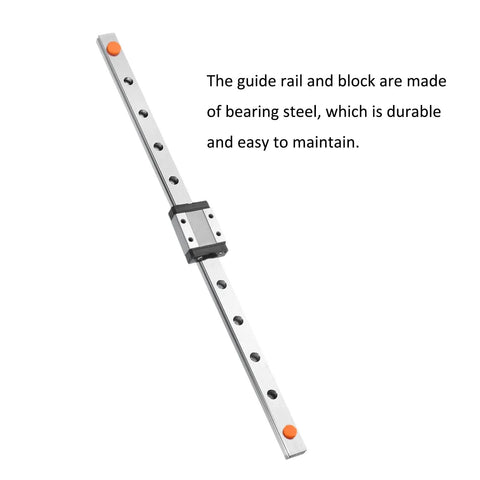 Beefy 300mm MGN9C miniature linear guide rail with single stainless steel carriage block, showing pre-drilled holes for secure installation.