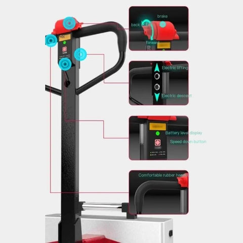 Heavy Duty Electric Pallet Jack With 6600 Lbs Capacity And Lithium Battery controls, ergonomic handle, battery display, and speed settings.