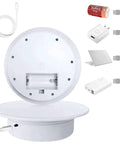 Close-up of cexuw 360 Degree Electric Turntable For Small Product Display with battery compartment and USB ports.