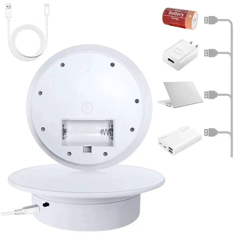 Close-up of cexuw 360 Degree Electric Turntable For Small Product Display with battery compartment and USB ports.