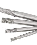 Roughing End Mills Set Of 4 High Speed Steel Milling Cutters with four flutes shown at different angles