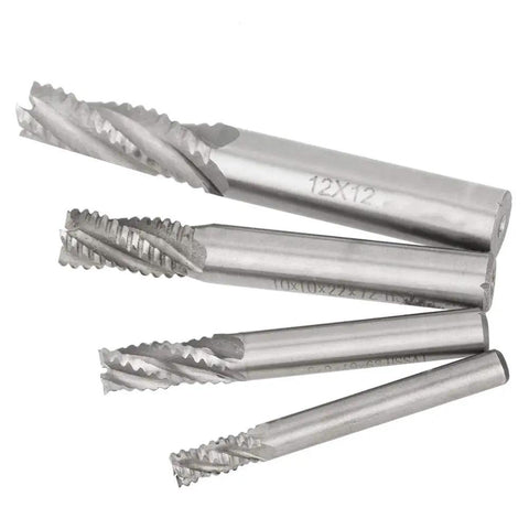 Roughing End Mills Set Of 4 High Speed Steel Milling Cutters with four flutes shown at different angles