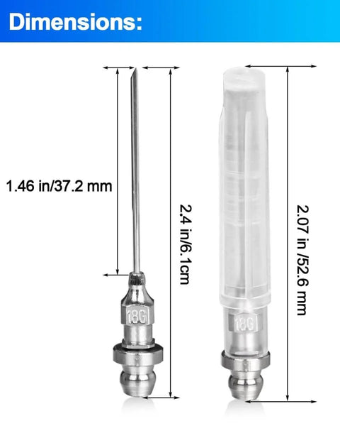 Diagram showing dimensions of 8 Piece Grease Gun Needle Tip Set For DIY And Pros 18 Gauge Stainless Steel Mini Syringe Nozzles.