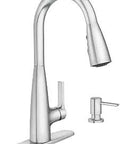 Haelyn Pulldown Kitchen Faucet with Power Boost, chrome finish, high-arc spout, retractable sprayer, and coordinating soap dispenser