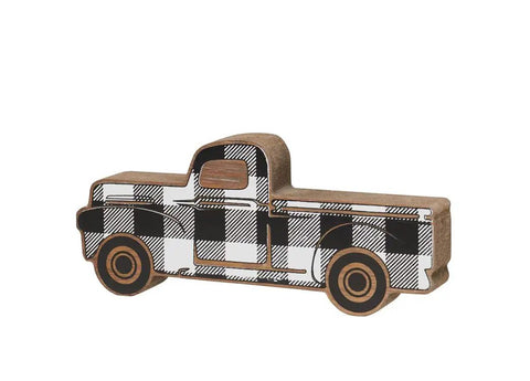 Rustic Wooden Pickup Truck Shelf Sitter Decorative Cut Out Plaid Black And White Farmhouse Decor in MDF, vintage vehicle design