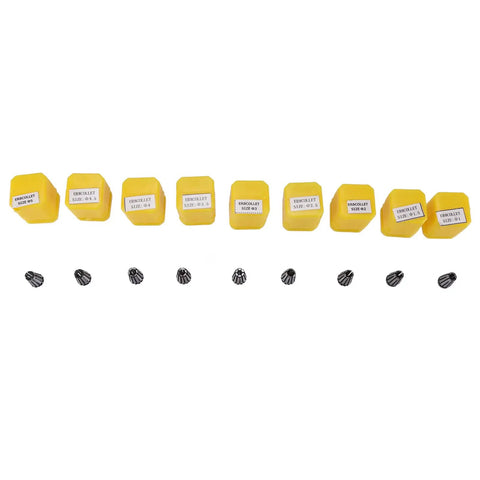 Top Tier High Speed Steel 9 Piece Collet Chuck Set For CNC Engraving Milling And Lathe Machines, featuring yellow holders and metallic collets.