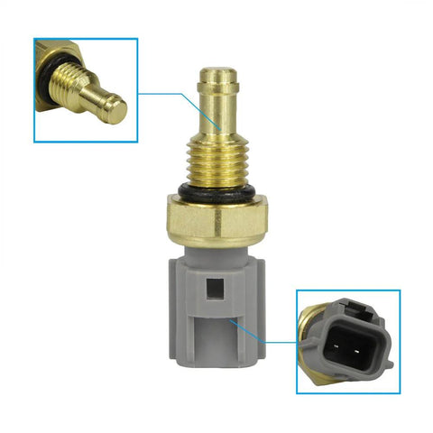 Front view of DOICOO coolant temperature sensor with brass threaded body and gray plastic connector