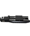 Rock Solid Motorized Linear Translation Stage Spot On Precision Displacement Platform With Stepper Motor And Elastic Coupling, black aluminum, side view.