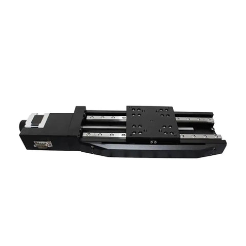 Rock Solid Motorized Linear Translation Stage Spot On Precision Displacement Platform With Stepper Motor And Elastic Coupling, black aluminum, side view.
