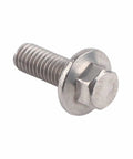 Super Heavy Duty M6 Stainless Steel Hex Flange Bolts Set With 304 Grade Rust Resistant Fasteners In Five Versatile Lengths For Tough DIY Projects And Home Appliance Repairs No Need For Extra Washers, close-up of a stainless steel hex flange bolt.