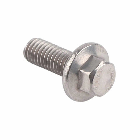 Super Heavy Duty M6 Stainless Steel Hex Flange Bolts Set With 304 Grade Rust Resistant Fasteners In Five Versatile Lengths For Tough DIY Projects And Home Appliance Repairs No Need For Extra Washers, close-up of a stainless steel hex flange bolt.