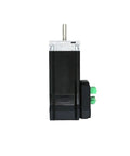 NEMA23 integrated stepper motor with driver, side view, black housing, metal shaft, green terminal block