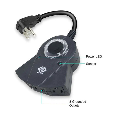 Top Tier Outdoor Light Timer Featuring 24 Hour Programmable Countdown And Photocell Dusk To Dawn Sensor, three grounded outlets, sensor, rugged design.