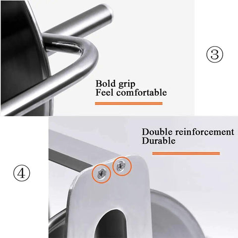 Detailed view of Beast Mode Stainless Steel Garden Hose Reel Kit handle with bold grip, showing double reinforcement for durability.