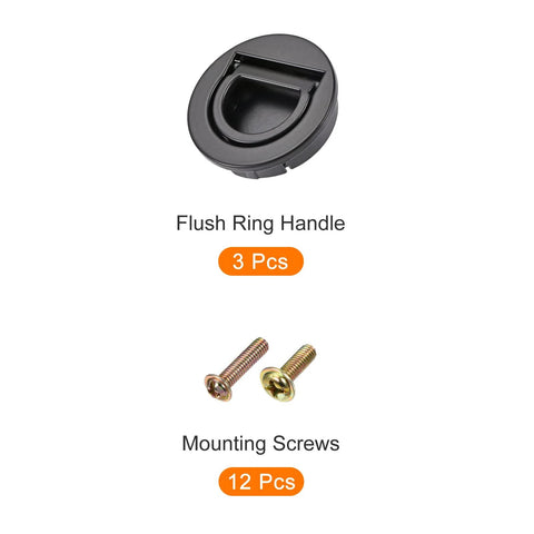 Flush Ring Pull Handles Set Of 3 In Black 35mm 1.38 Inch Zinc Alloy with 12 screws shown separately