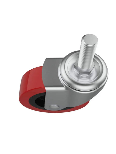4 Pack Heavy Duty Swivel Caster Wheels 2.5 Inch Diameter For Rolling Shop Carts And Heavy Load Furniture With Heavy Hauler Ball Bearing Threaded Stem Casters close-up of a red swivel caster with threaded stem.