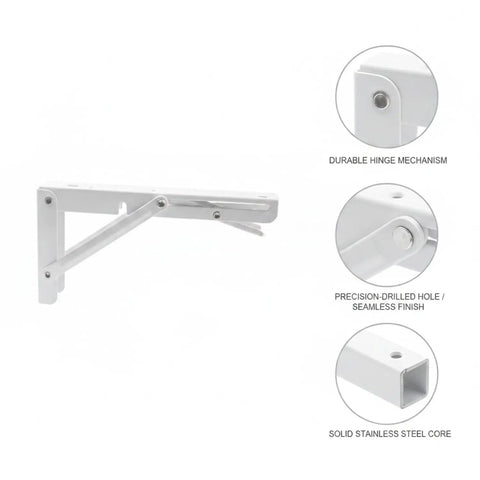 Sturdy Floating Shelf Brackets 7.7 X 5.1 X 2.9 Inches, electroplated stainless steel, white finish, hinge mechanism detail