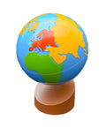 Hands On World Globe For Kids on stand, showing colorful continents with sandpaper texture, teaching Earth's layers and plates.