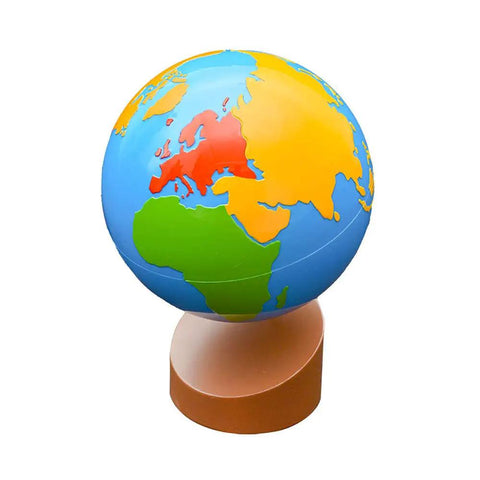 Hands On World Globe For Kids on stand, showing colorful continents with sandpaper texture, teaching Earth's layers and plates.