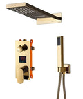 RIBEUJIZS Digital Shower System with digital display valve, wall-mounted black luxury rain shower head and handshower, golden finish.