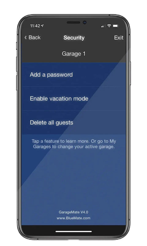 Smart Garage Opener Controller For iPhone Android And Apple Watch With No Fuss Setup showing security settings on smartphone app