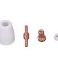 Check Out This Sick 110 Piece Plasma Cutter Consumable Kit With Ceramic Cups Electrodes And Nozzles showing four essential replacement parts.