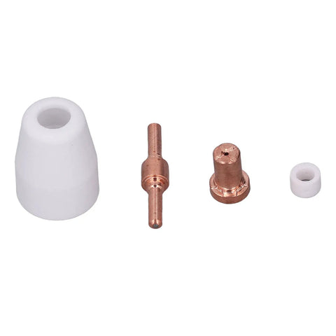 Check Out This Sick 110 Piece Plasma Cutter Consumable Kit With Ceramic Cups Electrodes And Nozzles showing four essential replacement parts.
