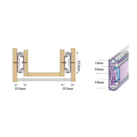 Full Extension Ball Bearing Locking Drawer Slides With Side Mount Installation Built In Locking To Fix Position Beefy Heavy Duty Support Up To 250 Lbs Lengths From 10 To 60 Inches Smooth Glide No Lock Color Multiple Sizes. Side mount diagram with 19.2mm spacing and 2.0mm bearing detail