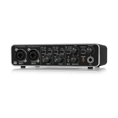 Front view of 2 By 4 USB Audio Interface With Midas Mic Preamps, 24 Bit 192 kHz, MIDI In Out, Great For Recording Vocals, Guitars