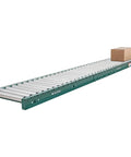 No Sweat Heavy Duty Gravity Roller Conveyor 24 Inch Wide 10 Feet Long 1200 Lb Capacity Green Frame Galvanized Steel Rollers with a box.