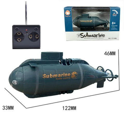 Six Channel Waterproof RC Submarine For Pools And Lakes Mini Remote Control Boat For Underwater Exploration And Surface Cruising Dope Gift For Adults Now in packaging next to controller and size dimensions.