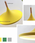 Three Color Barn Pendant Light Set In Nordic Macaron Style With Green Yellow And Smoke Gray Domes Dope Farmhouse Industrial Hanging Pendant Lamp For Kitchen Workshop And Rustic Warehouse Vibe, showing yellow dome detail with wood accent.