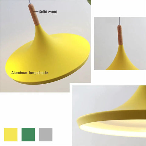 Three Color Barn Pendant Light Set In Nordic Macaron Style With Green Yellow And Smoke Gray Domes Dope Farmhouse Industrial Hanging Pendant Lamp For Kitchen Workshop And Rustic Warehouse Vibe, showing yellow dome detail with wood accent.