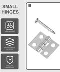 75 Pcs Mini Copper Vintage Hinges With Screws For Wooden Crafts And Jewelry Boxes, shown with close-up of hinge and screw.