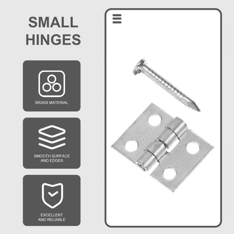 75 Pcs Mini Copper Vintage Hinges With Screws For Wooden Crafts And Jewelry Boxes, shown with close-up of hinge and screw.