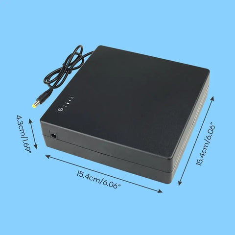 Compact Mini UPS Battery Backup For 12 Volt Routers Cameras And Speakers Emergency Standby Power Supply visible on a blue background.