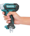 Hand holding Makita lightweight 12V max cordless impact driver from the combo kit, showing compact 7 inch design and build.