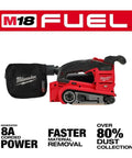 Tough As Nails Cordless Belt Sander With 3X18 Wide Sanding Path And Beefy Brushless Motor For Kickin Up Dust Faster With Slick Variable Speed And Smooth Zero Vibration Control, featuring red design and dust collection bag.