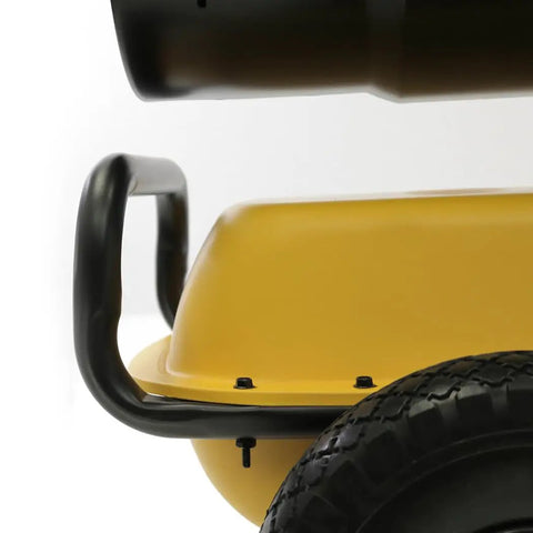 Close-up of Built Different 185000 Btu Forced Air Diesel Heater base, showcasing run flat tires and sturdy frame.